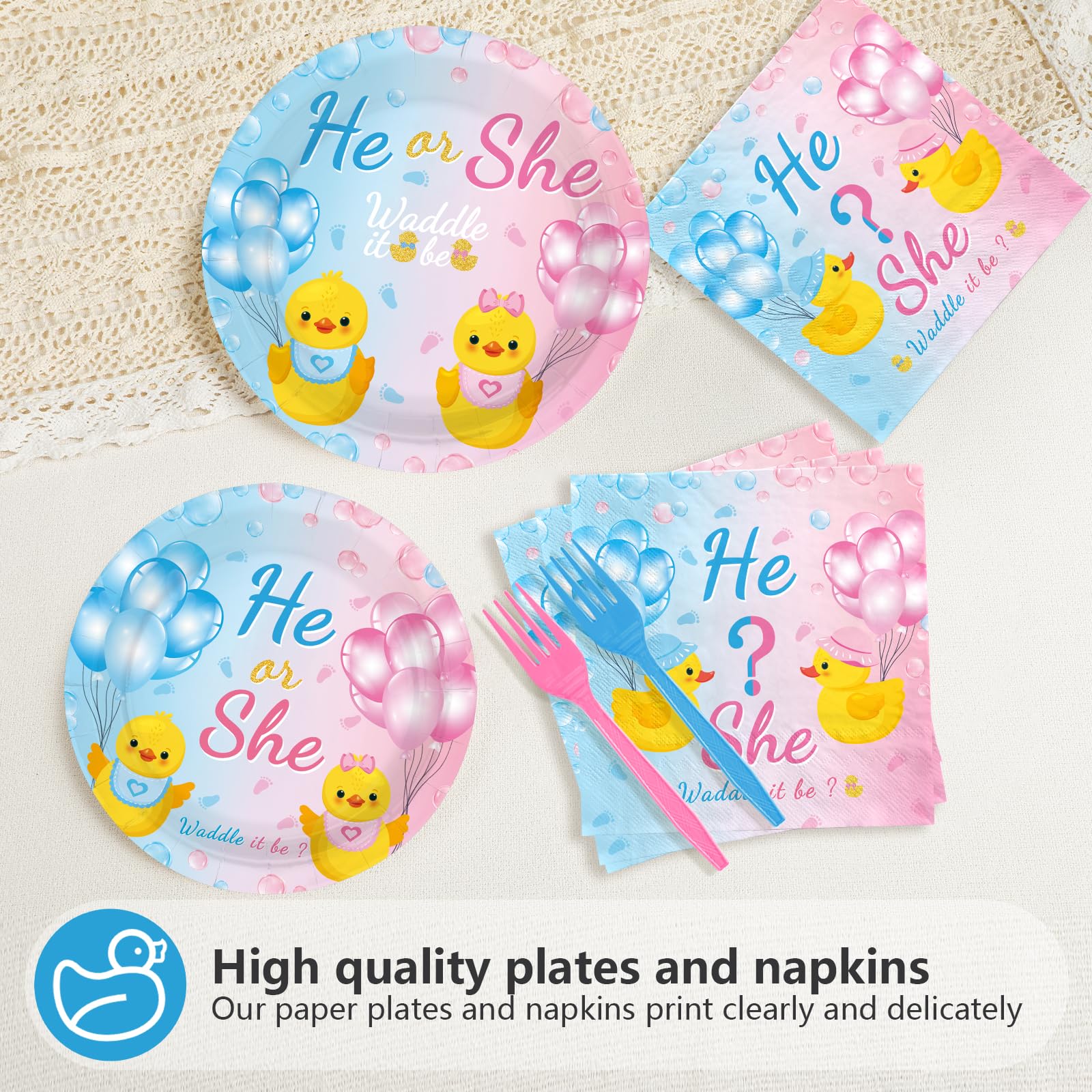 96 Pcs Duck Gender Reveal Party Plates and Napkins - Grencian