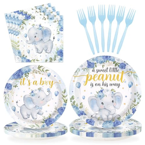 96 Pcs Elephant Baby Shower Party Plates and Napkins - Grencian