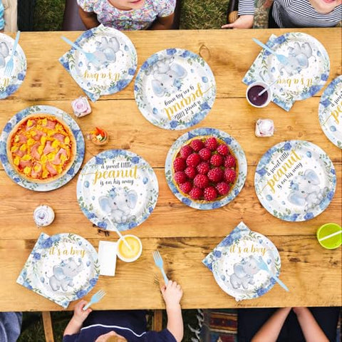 96 Pcs Elephant Baby Shower Party Plates and Napkins - Grencian