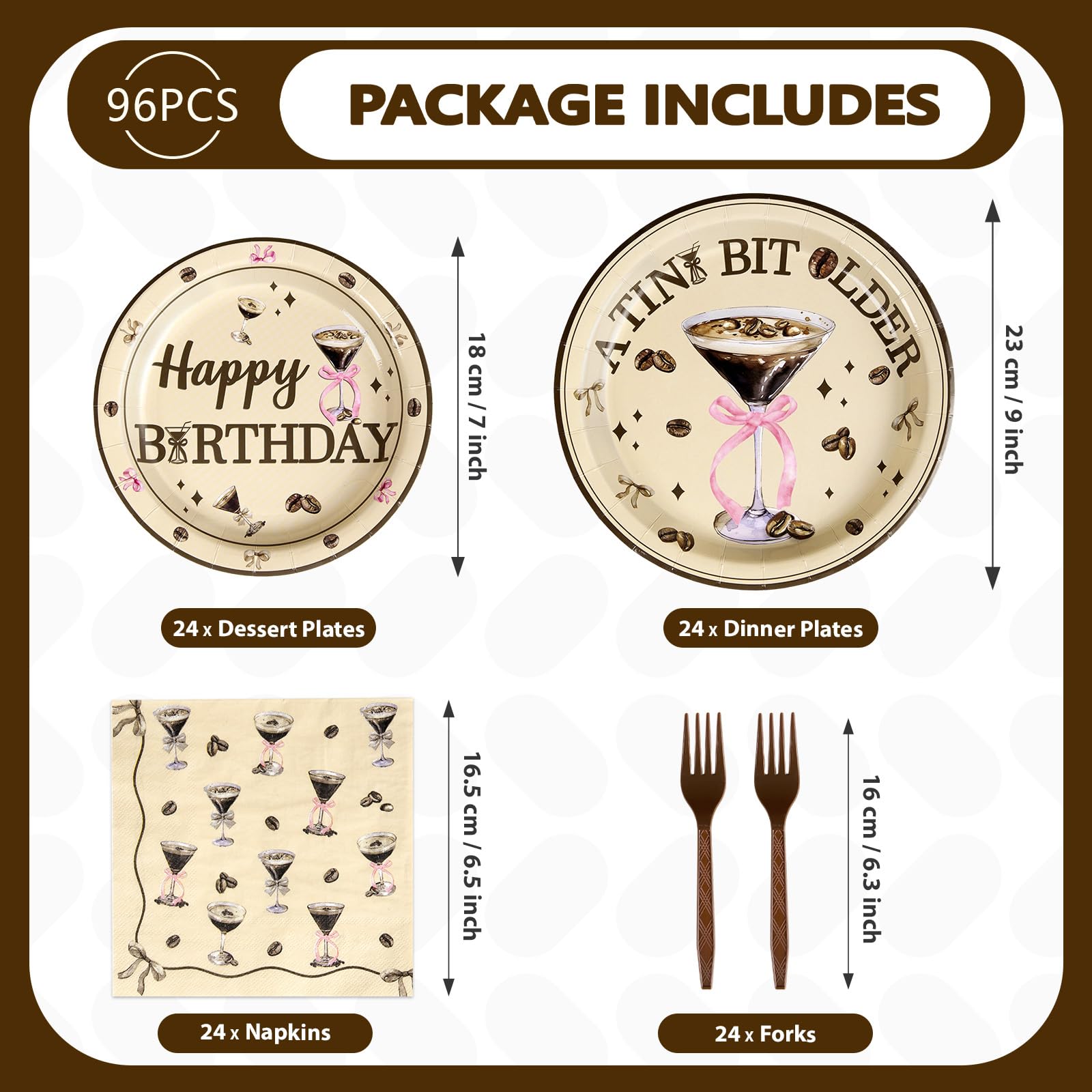 96 Pcs Espresso Martini Birthday Party Plates and Napkins - Grencian