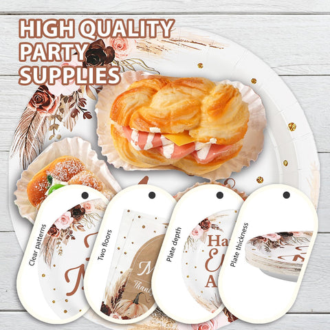 96 Pcs Fall Boho Bridal Shower Party Plates and Napkins - Grencian