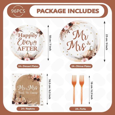 96 Pcs Fall Boho Bridal Shower Party Plates and Napkins - Grencian
