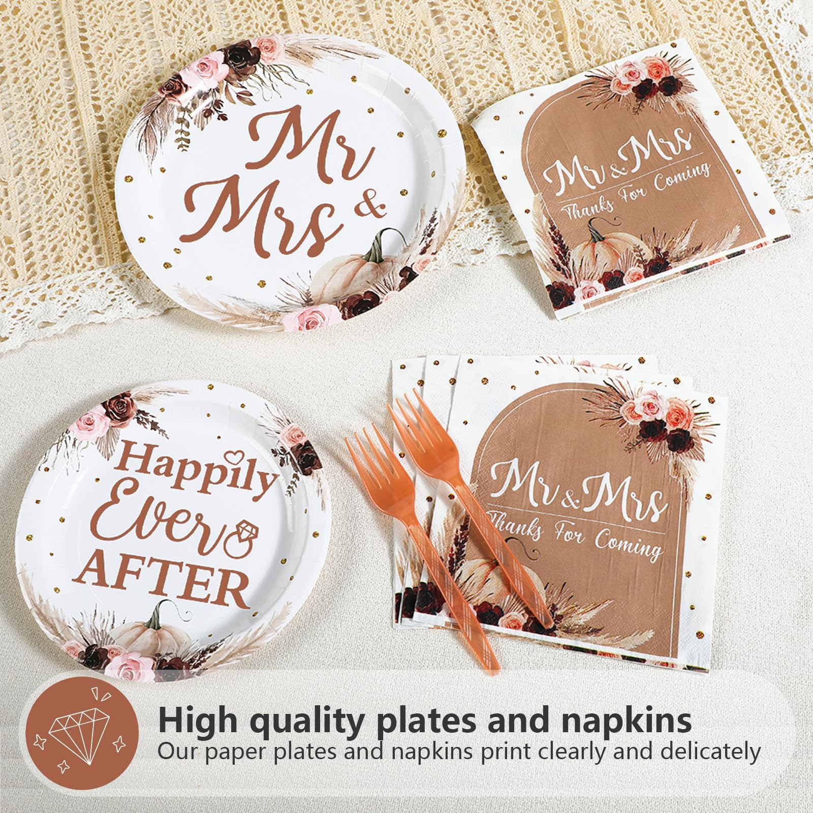 96 Pcs Fall Boho Bridal Shower Party Plates and Napkins - Grencian