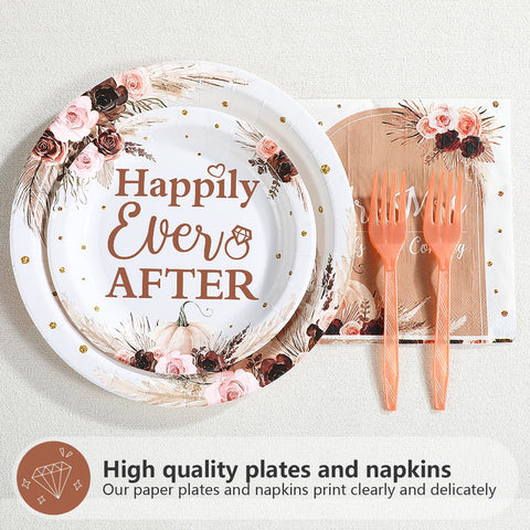 96 Pcs Fall Boho Bridal Shower Party Plates and Napkins - Grencian