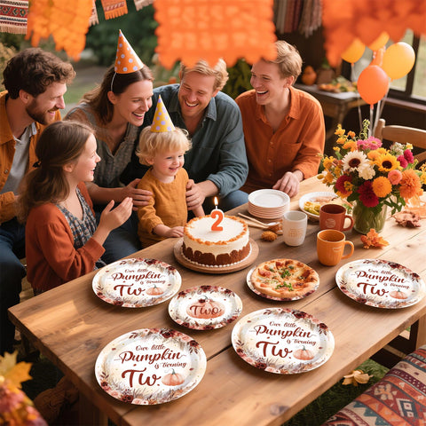 96 Pcs Fall Pumkin 2nd Birthday Party Plates and Napkins - Grencian