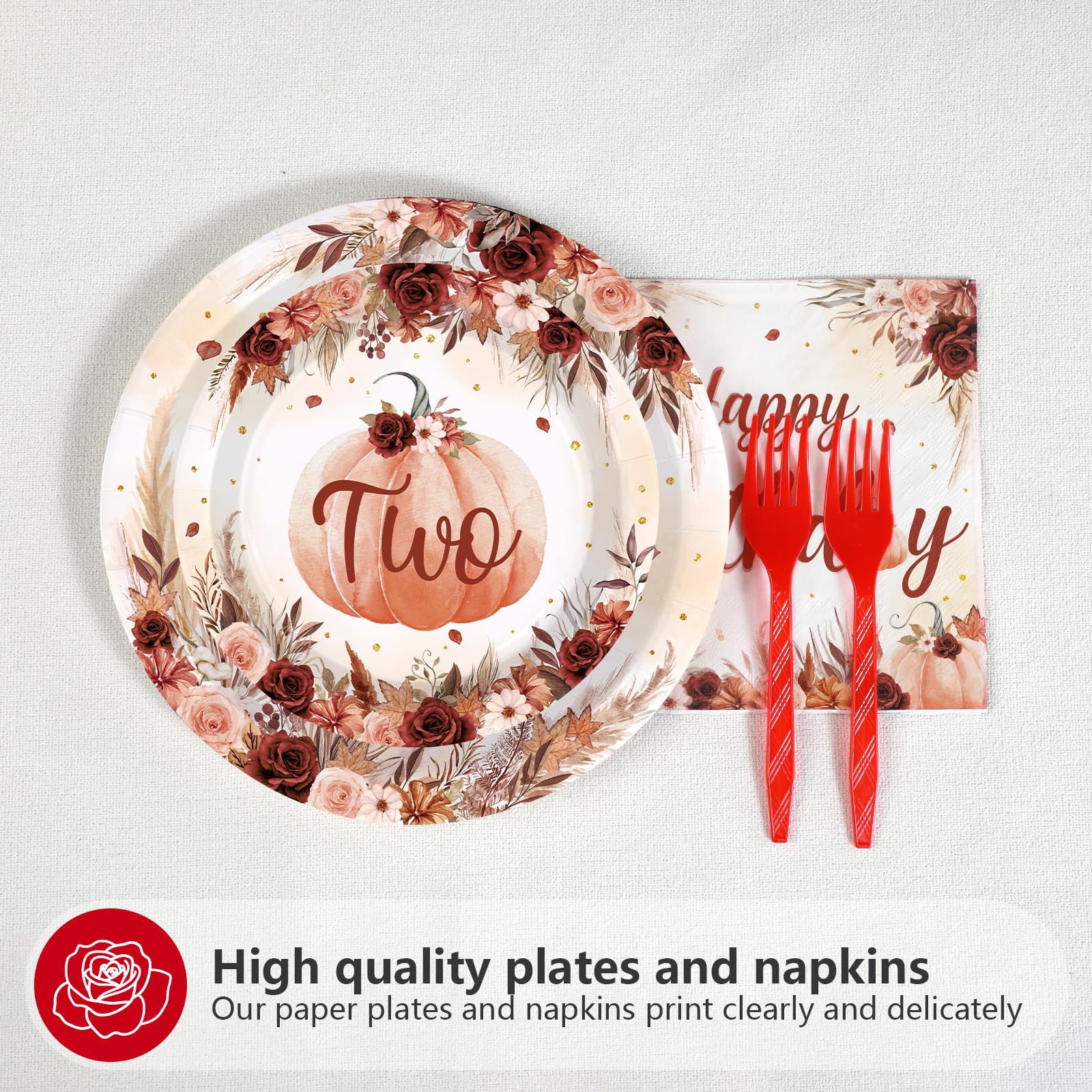 96 Pcs Fall Pumkin 2nd Birthday Party Plates and Napkins - Grencian