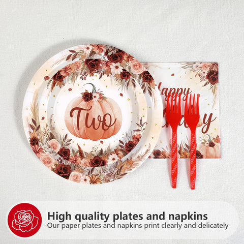 96 Pcs Fall Pumkin 2nd Birthday Party Plates and Napkins - Grencian