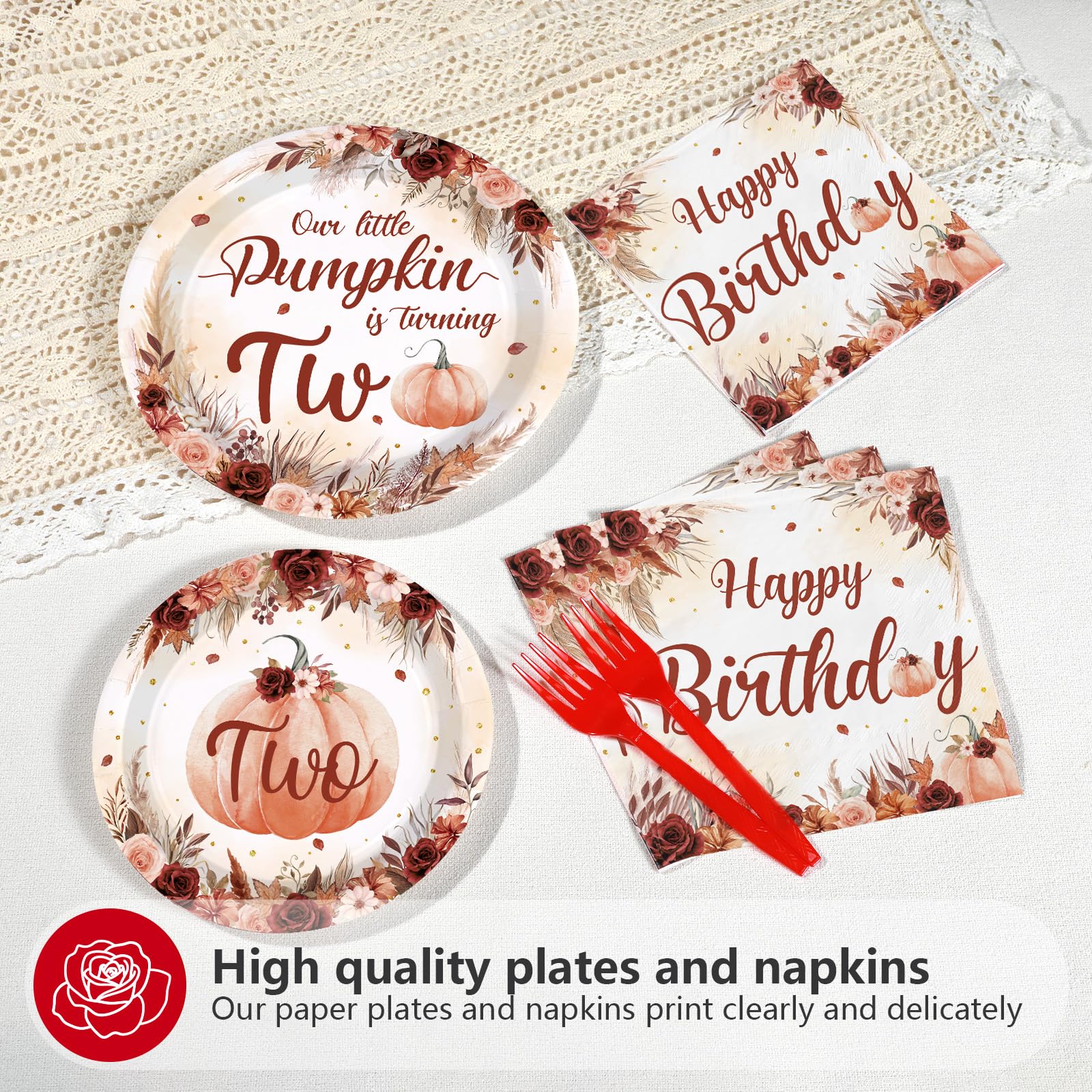 96 Pcs Fall Pumkin 2nd Birthday Party Plates and Napkins - Grencian