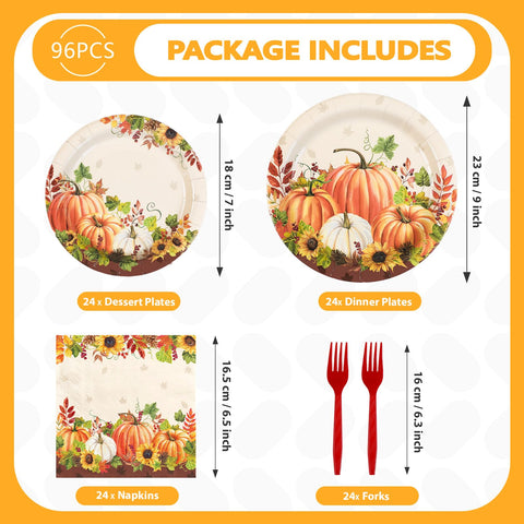 96 Pcs Fall Pumpkin Sunflower Party Plates and Napkins - Grencian