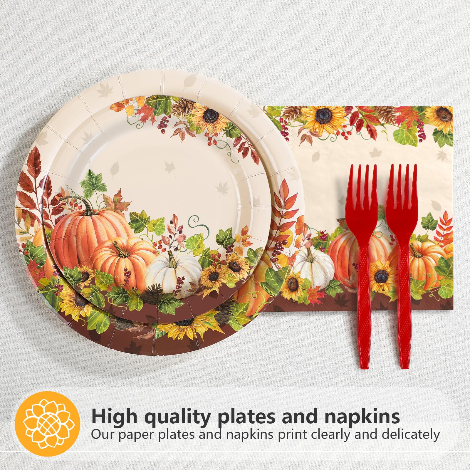 96 Pcs Fall Pumpkin Sunflower Party Plates and Napkins - Grencian