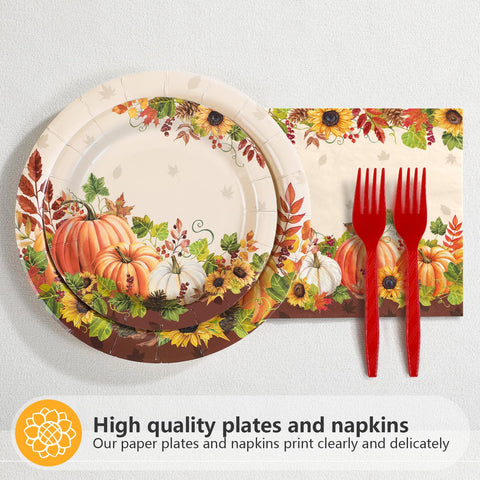 96 Pcs Fall Pumpkin Sunflower Party Plates and Napkins - Grencian