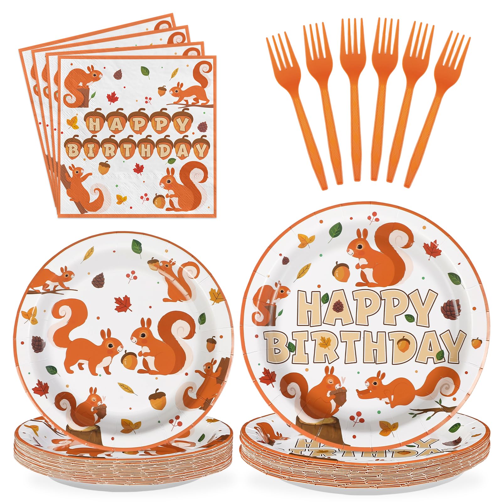 96 Pcs Fall Squirrel Birthday Party Plates and Napkins - Grencian