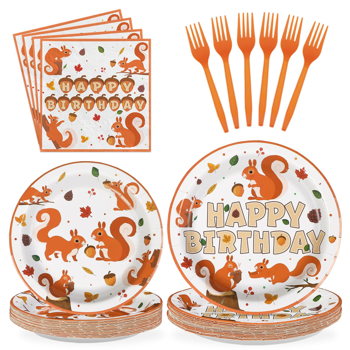 96 Pcs Fall Squirrel Birthday Party Plates and Napkins - Grencian