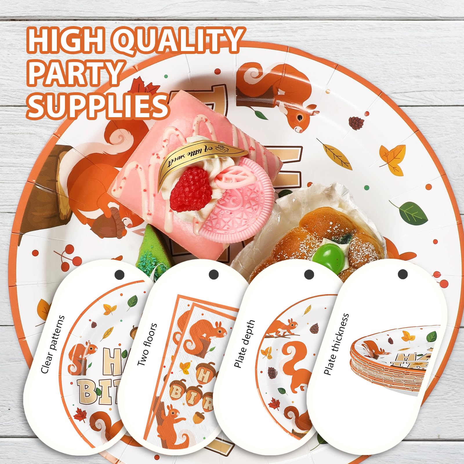 96 Pcs Fall Squirrel Birthday Party Plates and Napkins - Grencian