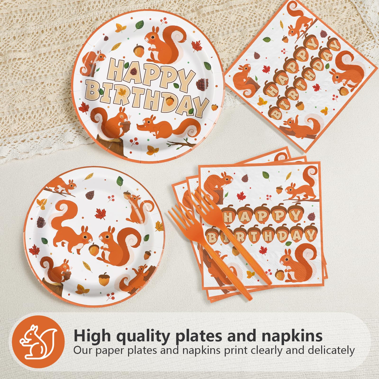 96 Pcs Fall Squirrel Birthday Party Plates and Napkins - Grencian