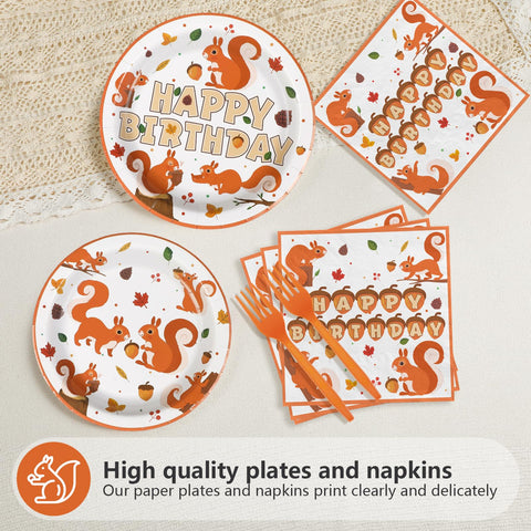 96 Pcs Fall Squirrel Birthday Party Plates and Napkins - Grencian