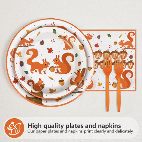 96 Pcs Fall Squirrel Birthday Party Plates and Napkins - Grencian