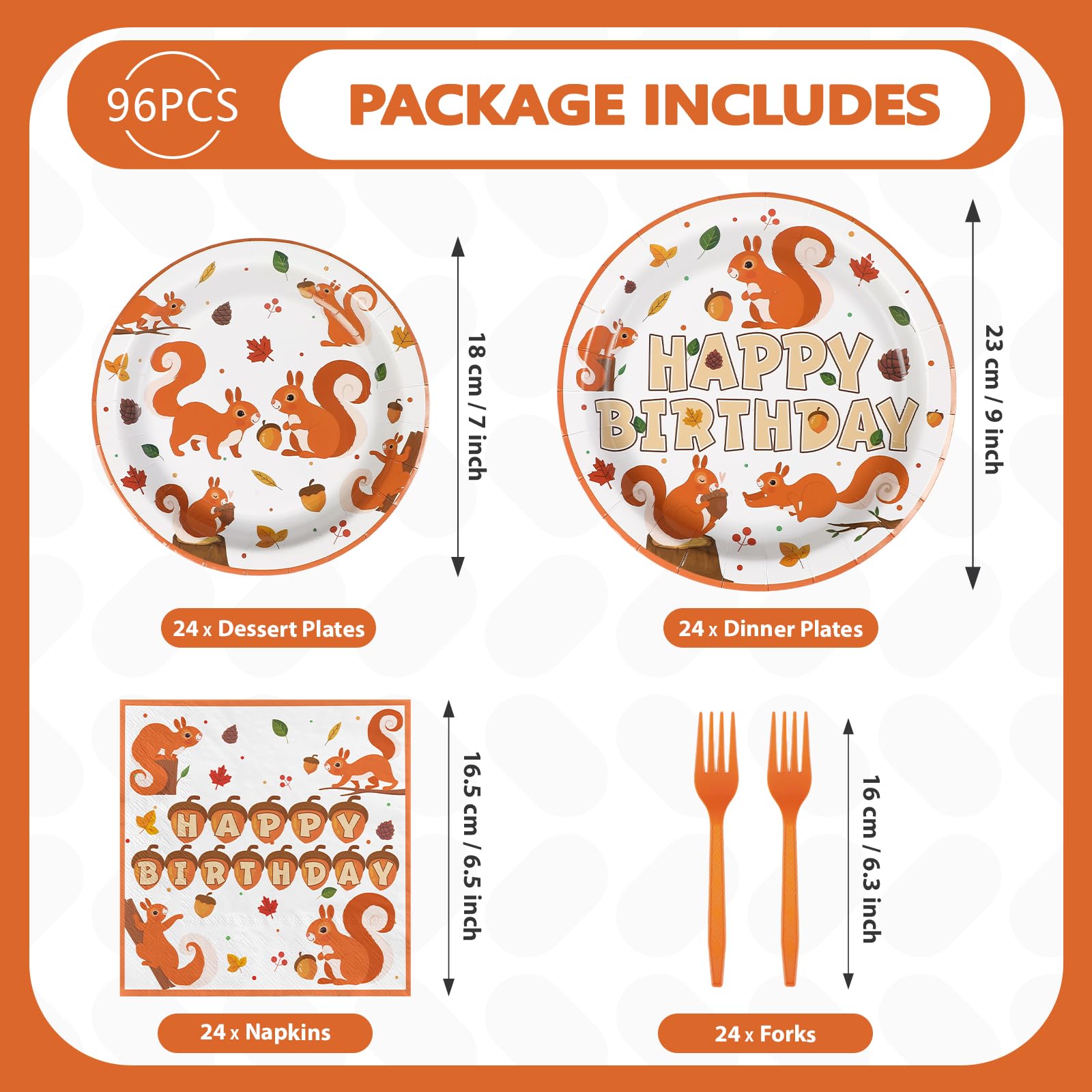 96 Pcs Fall Squirrel Birthday Party Plates and Napkins - Grencian