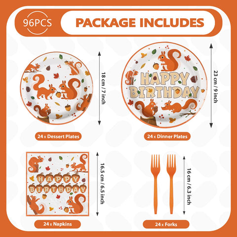 96 Pcs Fall Squirrel Birthday Party Plates and Napkins - Grencian