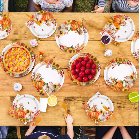 96 Pcs Fall Sunflower Pumpkin Party Plates and Napkins - Grencian