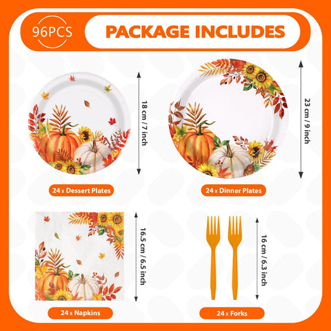96 Pcs Fall Sunflower Pumpkin Party Plates and Napkins - Grencian