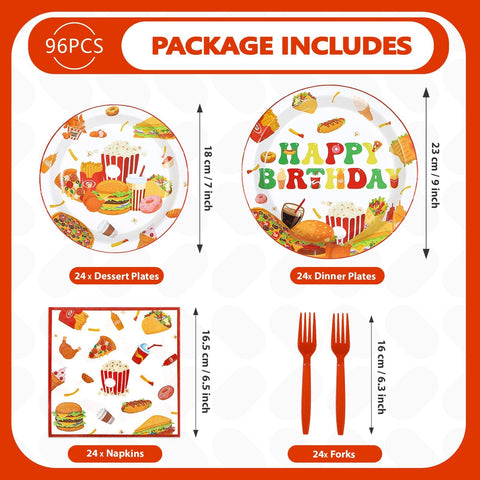 96 Pcs Fast Food Birthday Party Plates and Napkins - Grencian