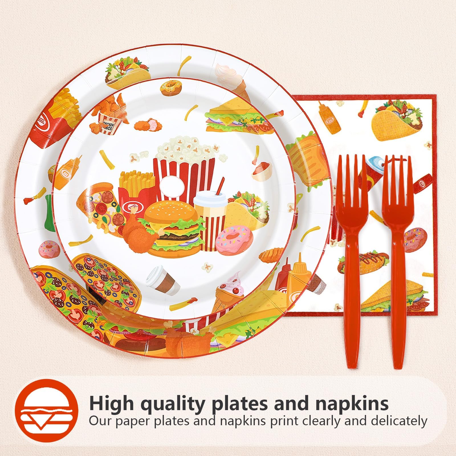 96 Pcs Fast Food Birthday Party Plates and Napkins - Grencian