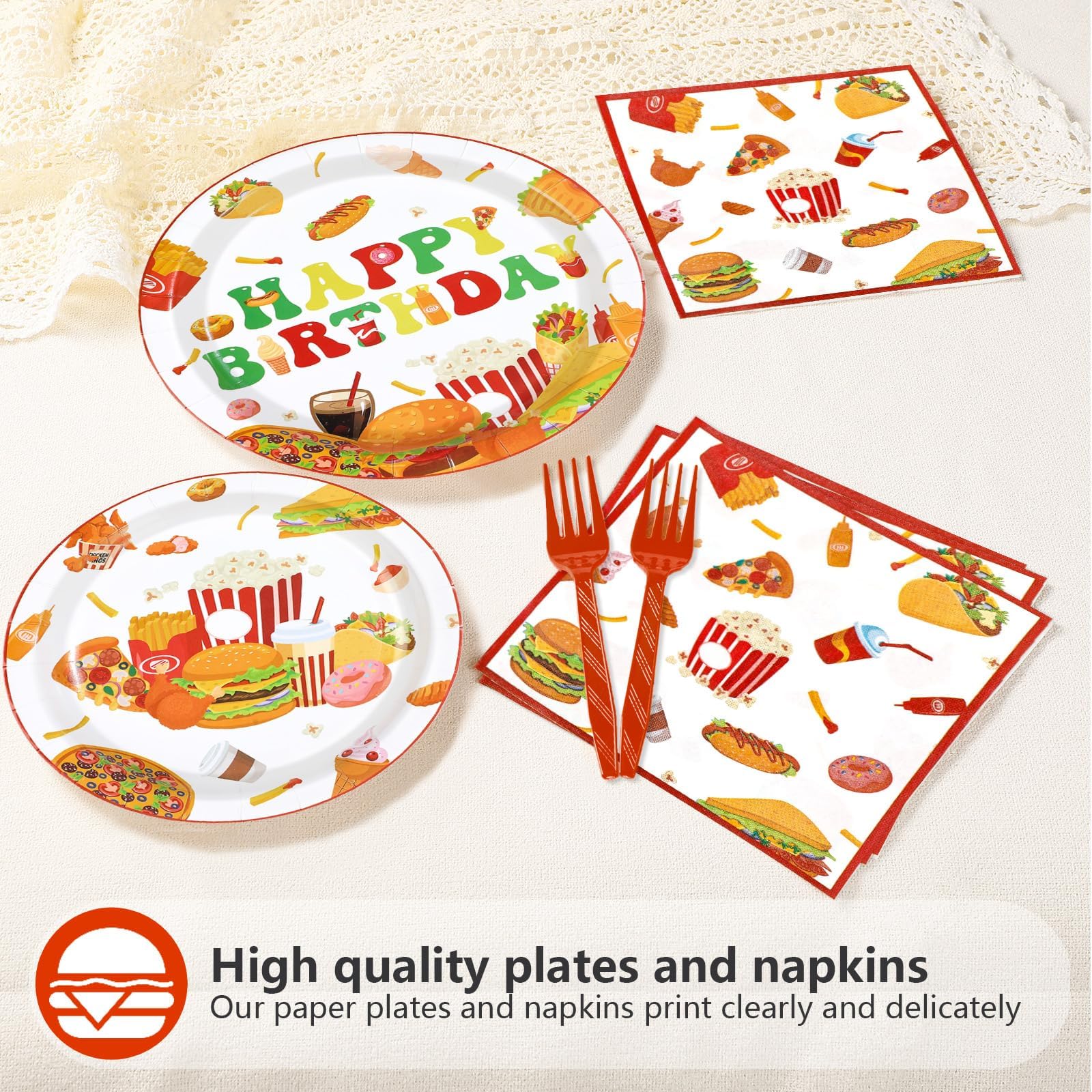 96 Pcs Fast Food Birthday Party Plates and Napkins - Grencian