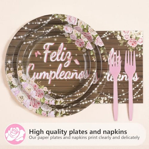 96 Pcs Feliz Cumpleaños Party Plates and Napkins - Grencian