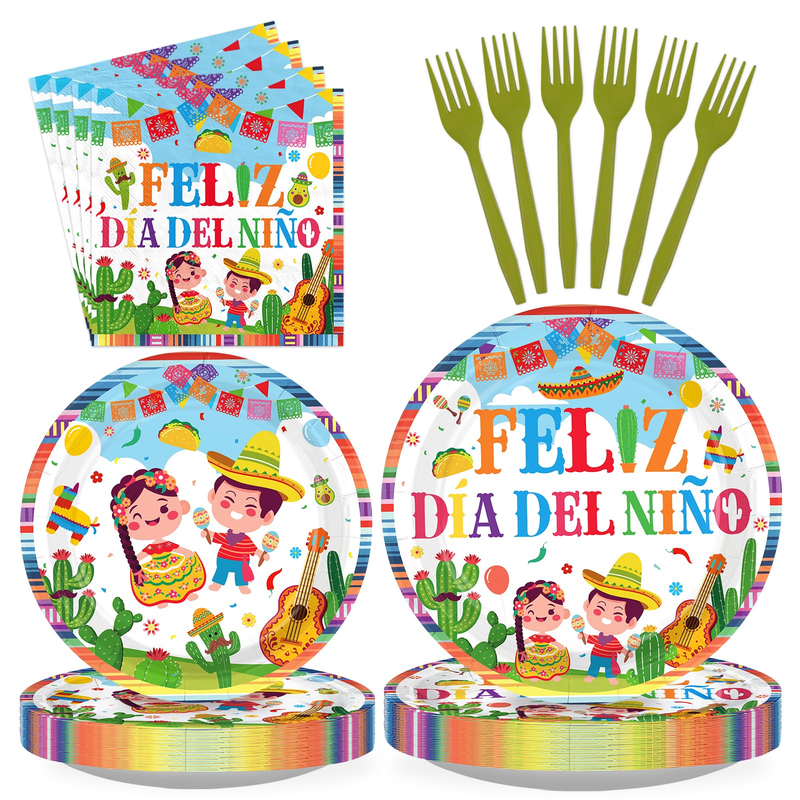 96 Pcs Feliz Dia Del Niño Party Plates and Napkins - Grencian