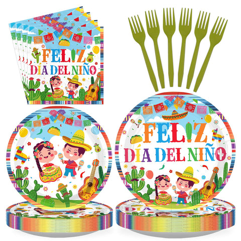 96 Pcs Feliz Dia Del Niño Party Plates and Napkins - Grencian