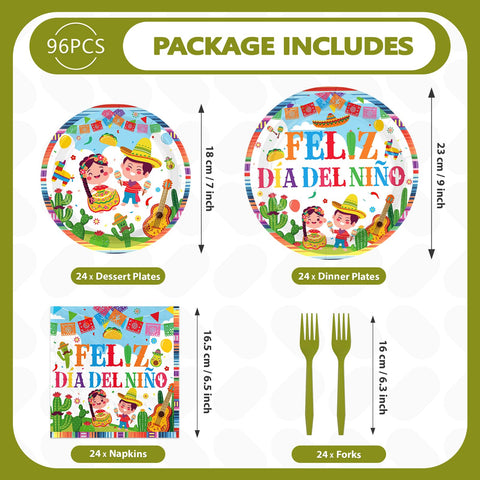 96 Pcs Feliz Dia Del Niño Party Plates and Napkins - Grencian