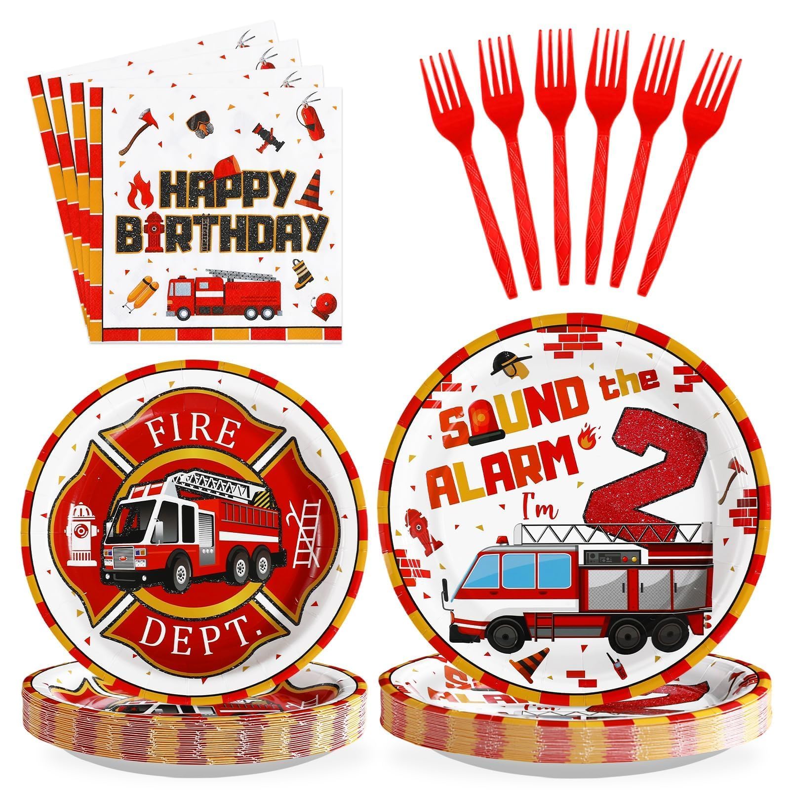 96 Pcs Fire Truck 2nd Birthday Party Plates and Napkins - Grencian