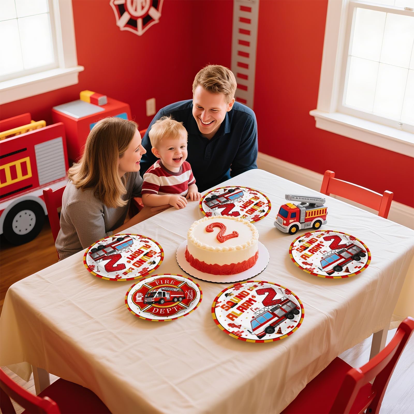 96 Pcs Fire Truck 2nd Birthday Party Plates and Napkins - Grencian