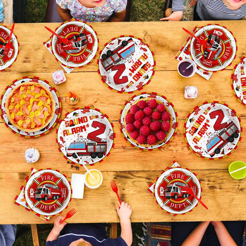 96 Pcs Fire Truck 2nd Birthday Party Plates and Napkins - Grencian