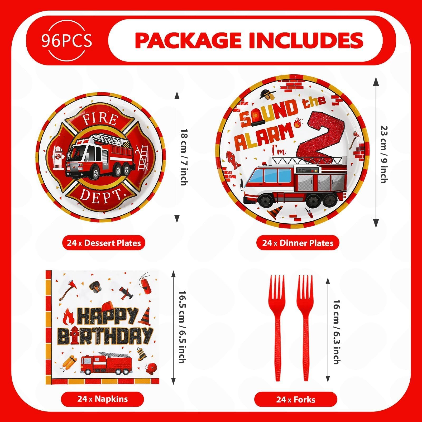 96 Pcs Fire Truck 2nd Birthday Party Plates and Napkins - Grencian