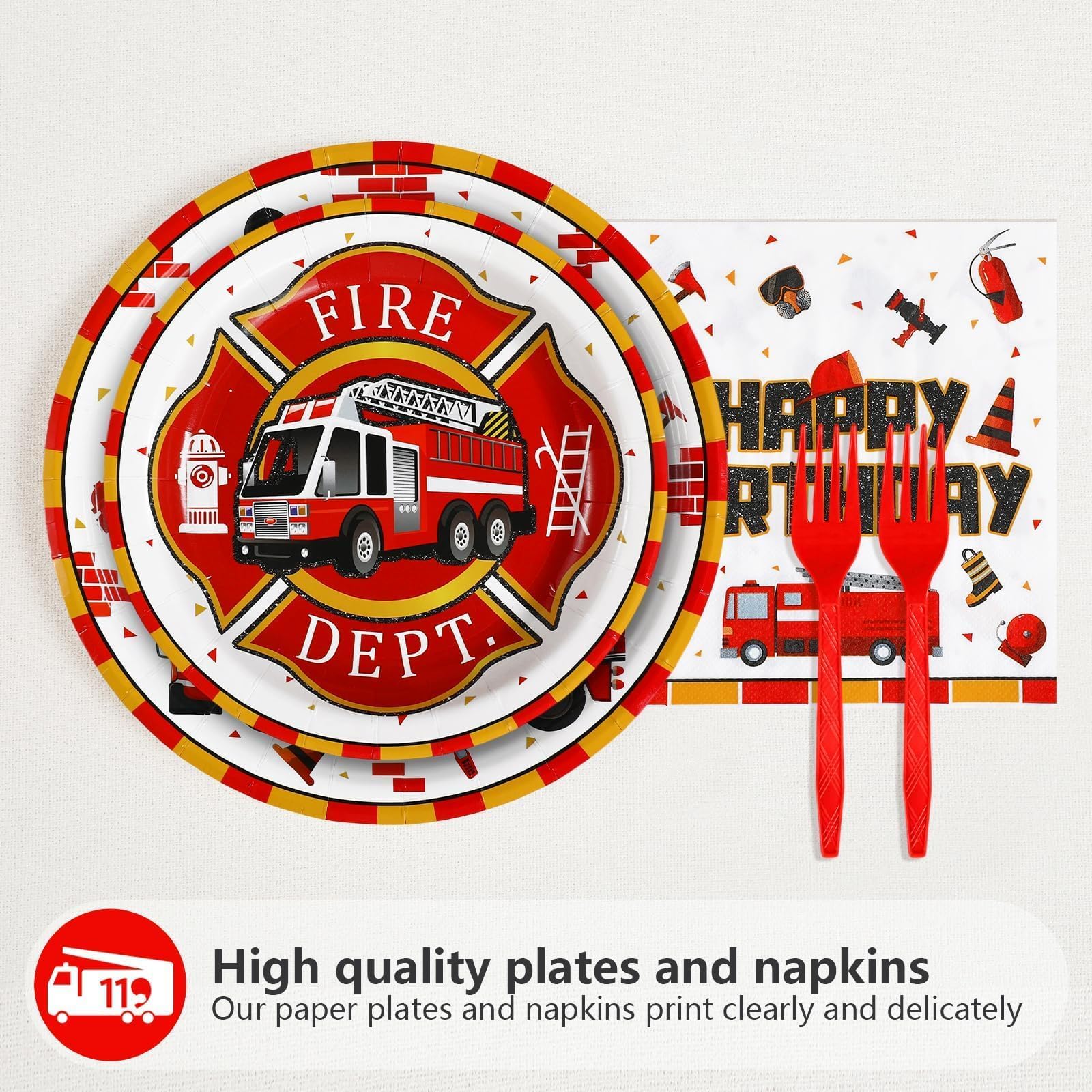 96 Pcs Fire Truck 2nd Birthday Party Plates and Napkins - Grencian