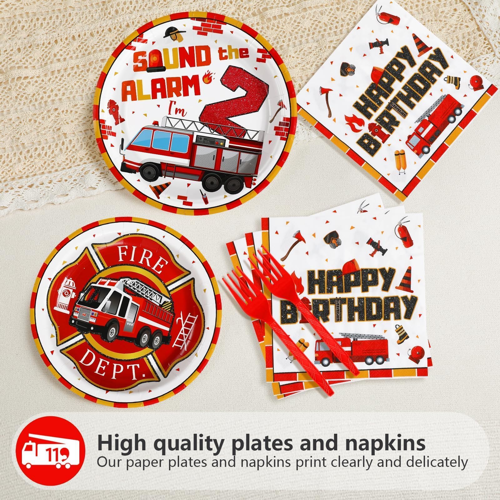 96 Pcs Fire Truck 2nd Birthday Party Plates and Napkins - Grencian