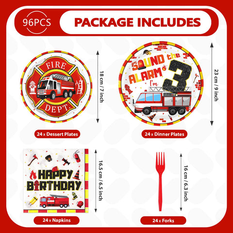96 Pcs Fire Truck 3rd Birthday Party Plates and Napkins - Grencian