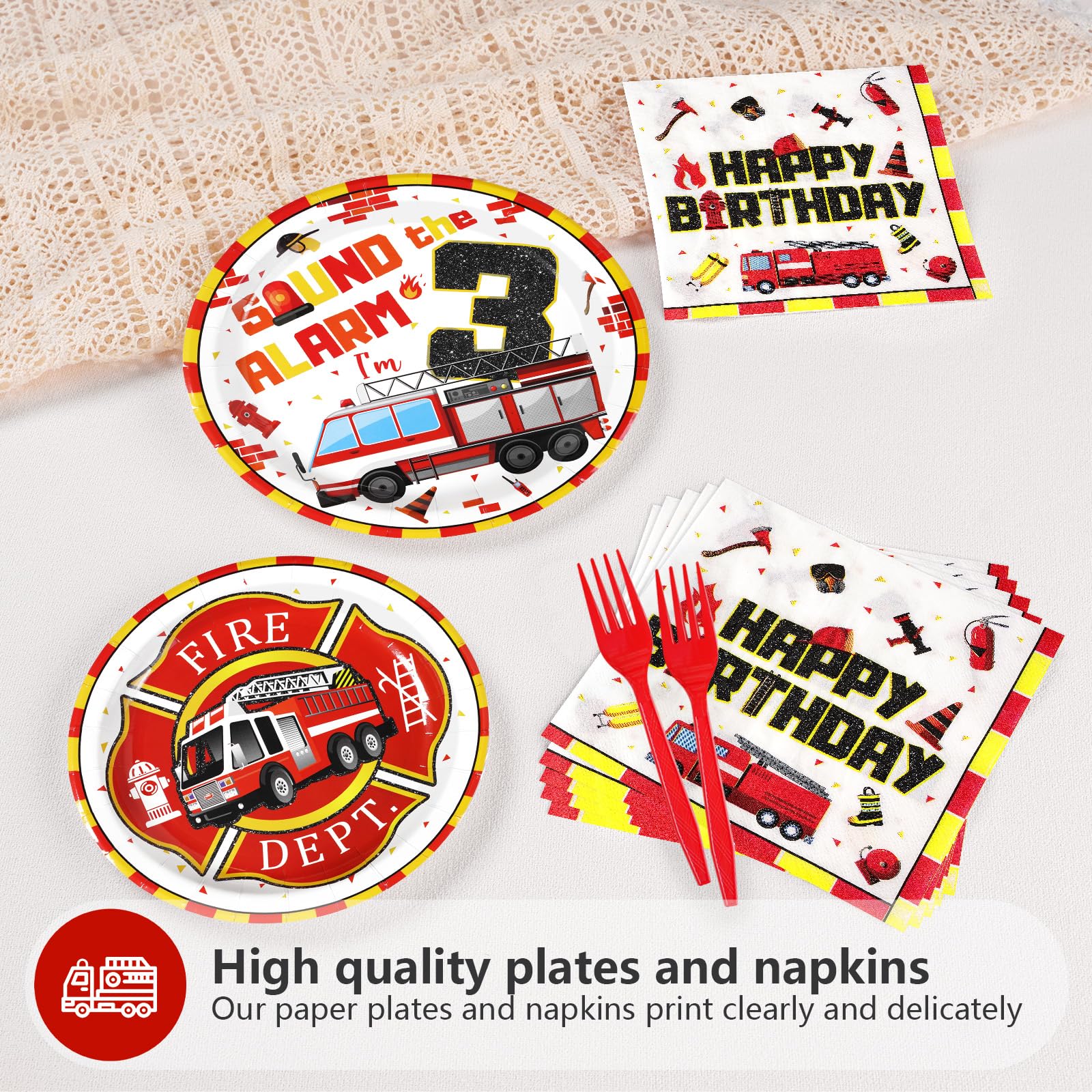 96 Pcs Fire Truck 3rd Birthday Party Plates and Napkins - Grencian
