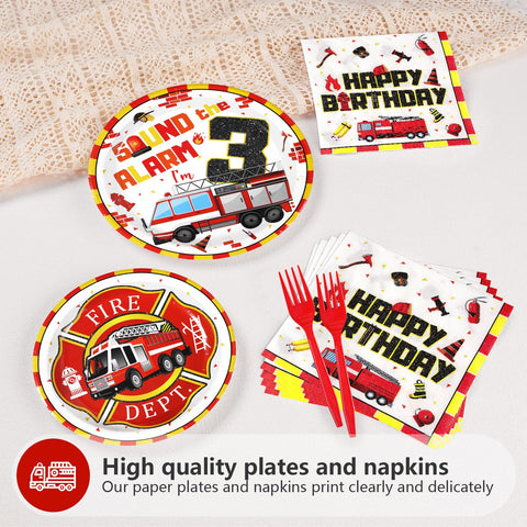 96 Pcs Fire Truck 3rd Birthday Party Plates and Napkins - Grencian