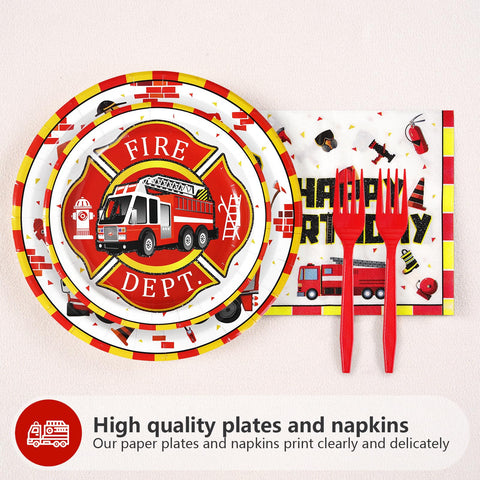 96 Pcs Fire Truck 3rd Birthday Party Plates and Napkins - Grencian