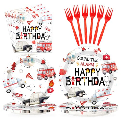 96 Pcs Fire Truck Birthday Party Plates and Napkins - Grencian
