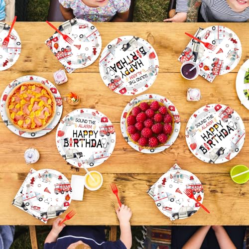 96 Pcs Fire Truck Birthday Party Plates and Napkins - Grencian