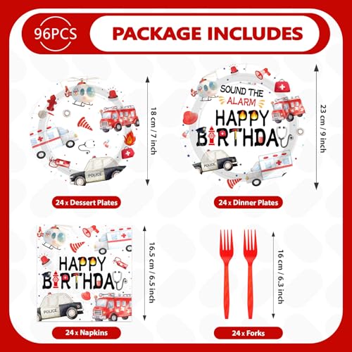 96 Pcs Fire Truck Birthday Party Plates and Napkins - Grencian