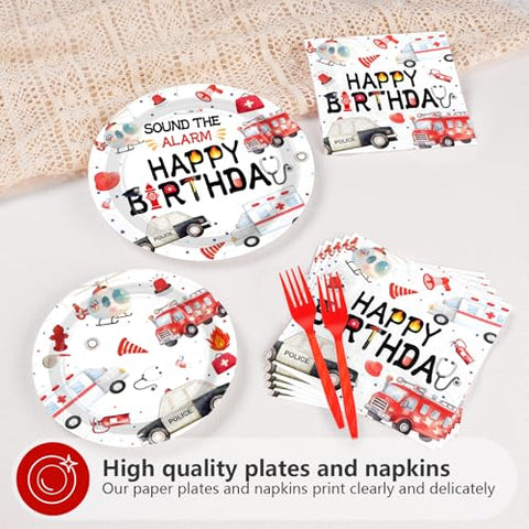 96 Pcs Fire Truck Birthday Party Plates and Napkins - Grencian