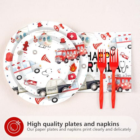 96 Pcs Fire Truck Birthday Party Plates and Napkins - Grencian