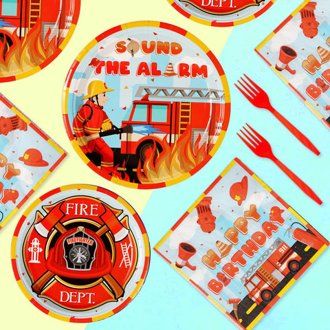 96 Pcs Firefighter Birthday Party Plates and Napkins - Grencian
