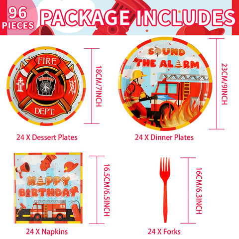 96 Pcs Firefighter Birthday Party Plates and Napkins - Grencian