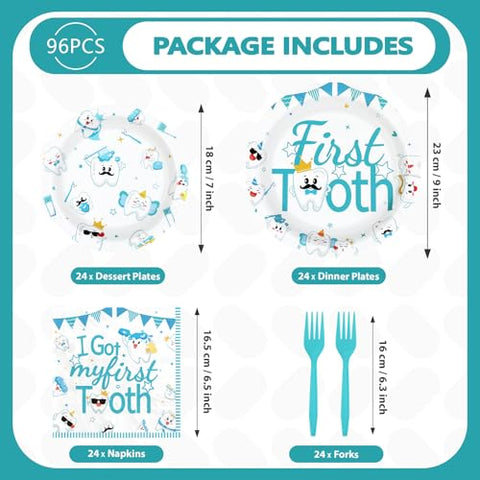96 Pcs First Tooth Party Plates and Napkins - Grencian